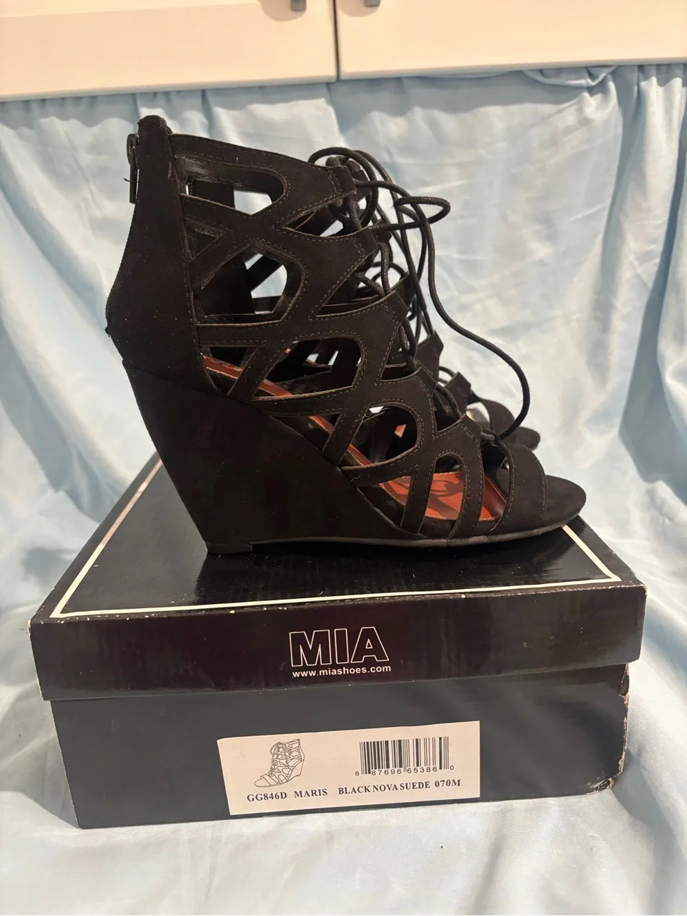 MIA Black Lace-Up Suede Gladiator Heels